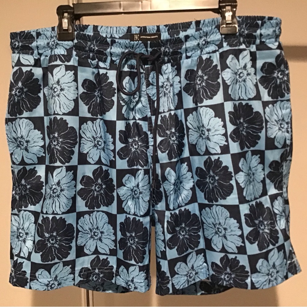 INC Blue and Black Floral Swim Trunks